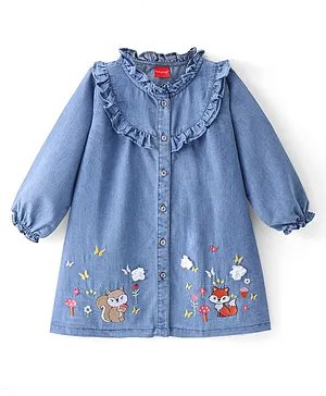 Babyhug Cotton Knit Full Sleeves Denim Frock with Squirrel Embroidery - Blue