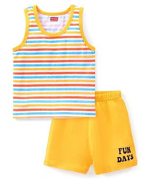 Babyhug 100% Cotton Sleeveless Sando Shorts Set Striped & Text Print - Yellow