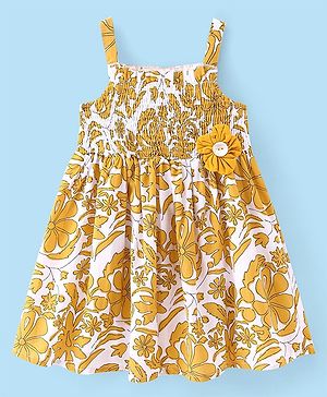 Babyhug 100% Cotton Woven Sleeveless Frock With Floral Print & Applique - Yellow