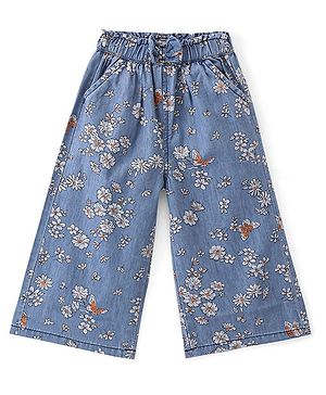 Babyhug 100% Cotton Denim Full Length Palazzo With Floral Print- Blue