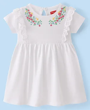 Babyhug Single Jersey Knit Half Sleeves Frock with Frill Detailing & Floral Print - White