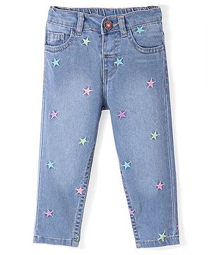 Babyhug Denim Full Length Jeans With Stretch & Star Embroidery - Blue