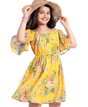 Hola Bonita Woven Off Shoulder Sleeves Knee Length Frock With Floral Print - Yellow