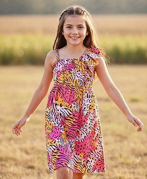 Pine Kids  Cotton Knit Sleeveless Frock with Cheetah Theme Print - White