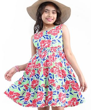 Pine Kids Cotton Knit Sleeveless Frock Floral Print - Snow White & Green