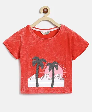 Tales & Stories Cotton Half Sleeves Beach Theme Printed & Embroidered Tee - Orange