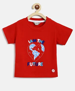 Tales & Stories Cotton Half Sleeves I Am The Future Text Embroidered Tee - Red