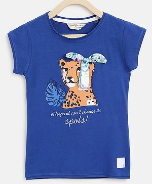 Tales & Stories Cotton Half Sleeves Cheetah Printed & Bow Embellished Tee - Blue