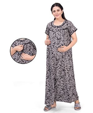 Mamma's Maternity Half Sleeves Leaves Printed Nighty With Zipper Nursing Access - Grey & Blue