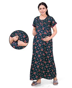 Mammas Maternity Half Sleeves All Over Floral Printed Nighty With Zipper Nursing Access - Green