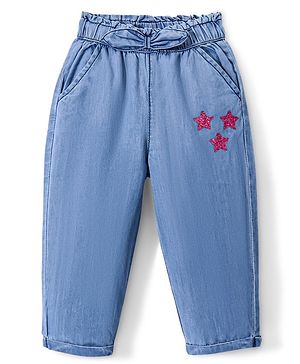 Babyhug Cotton Ankle Length Denim Culottes Glitter Star Print - Blue