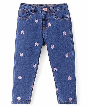 Babyhug Denim Full Length with Stretch Jeans Heart Embroidery - Blue