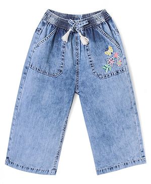 Babyhug Cotton Denim Ankle Length Floral & Butterfly Embroidered Culottes - Blue
