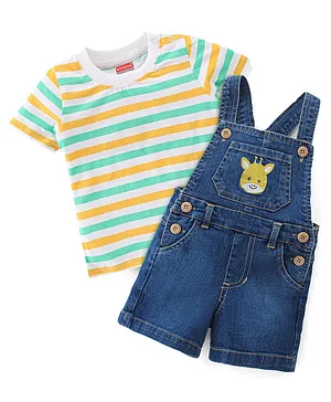 Babyhug Single Jersey Woven Dungaree & Striped Half Sleeves T-Shirt - Multicolour