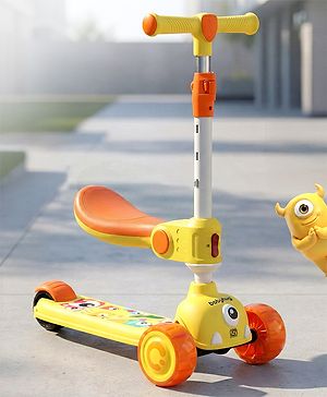 Babyhug Leo 3 Wheel Kids Kick Scooter with Foldable Seat with LED Wheels & Wide Deck with 3 Level Adjustable Handlebar - Yellow| Lean-to-Steer| Toy for 3 to 12 year Boys and Girls| Gifting Option