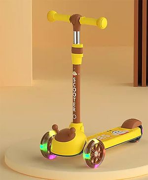 Babyhug Honeybees Theme Kids Kick Scooter with LED Wheels Wide Standing Deck & 3 Level Height Adjustment - Yellow Brown