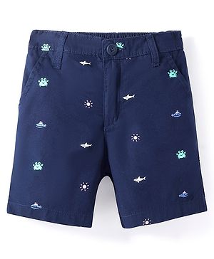 Babyhug Cotton Woven Mid Thigh Length Shorts With Sea Life Print - Navy Blue