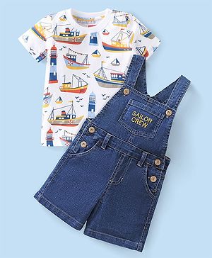 Babyhug 100% Cotton Knit Half Sleeves T-Shirt & Dungaree Set Boat Print -White & Blue