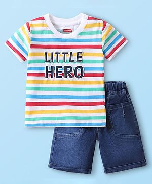 Babyhug Single Jersey Half Sleeves Striped T-Shirt and Denim Shorts Set - Multicolor