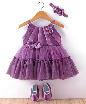 Enfance Sleeveless Flower Applique Detailed Flared Dress With Headband & Booties - Onion Pink