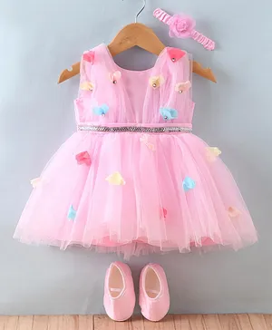Enfance Sleeveless Heart Applique Detailed Flared Shimmer Net Dress With Headband And Booties - Pink