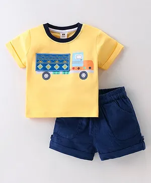 ToffyHouse 100% Cotton Half Sleeves Truck Printed T-Shirt & Corduroy Shorts Set - Navy & Red