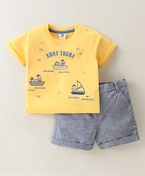 ToffyHouse 100% Cotton Half Sleeves Boats Printed T-Shirt & Shorts Set - Grey & Yellow