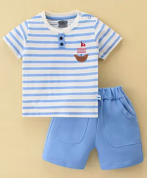 Mini Taurus Cotton Knit Half Sleeves T-Shirt & Shorts Set With Stripes & Boat Patch - Roral Blue