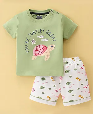 Mini Taurus Cotton Knit Half Sleeves T-Shirt & Shorts Set With Turtle Print - Green