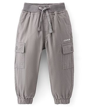 Babyhug Cotton Lycra Woven Full Length Ribbed Waist Trousers - Grey