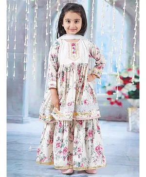Little Bansi Cotton Three Fourth Sleeves  Floral Printed & Gota Lace Embellished Coordinating Kurta Sharara With Dupatta Set - Cream