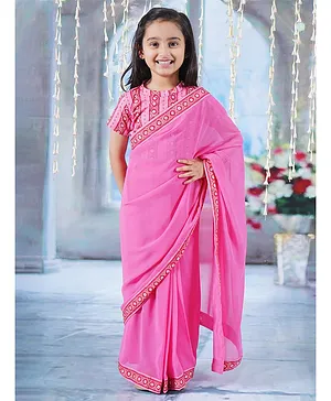 Little Bansi Half Sleeves Floral Printed Blouse With Coordinating Ready To Wear Saree - Pink