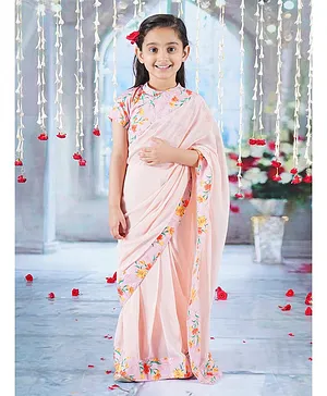 Little Bansi Half Sleeves Floral Printed Blouse With Coordinating Ready To Wear Saree - Peach