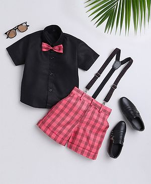 Jeet Ethnics Half Sleeves Solid Shirt With Checked Shorts Bow & Suspender Set - Red