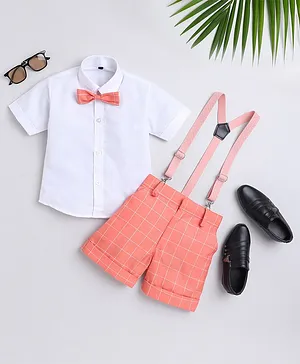 Jeet Ethnics Half Sleeves Solid Shirt With Checked Shorts Bow & Suspender Set - Peach