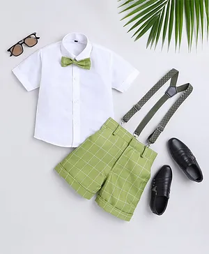 Jeet Ethnics Half Sleeves Solid Shirt With Checked Shorts Bow & Suspender Set - Green