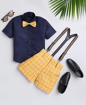 Jeet Ethnics Half Sleeves Solid Shirt With Window Pane  Checked Shorts Bow & Suspender Set - Yellow
