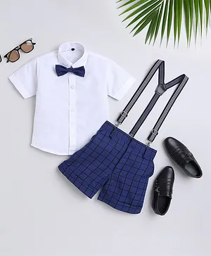 Jeet Ethnics Half Sleeves Solid Shirt With Checked Shorts Bow & Suspender Set - Navy Blue