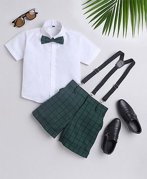 Jeet Ethnics Half Sleeves Solid Shirt With Checked Shorts Bow & Suspender Set - Green