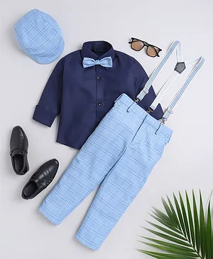 Jeet Ethnics Full Sleeves Solid Shirt With Checked Pant Bow Cap & Suspender Set - Blue