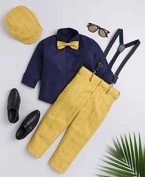 Jeet Ethnics Full Sleeves Solid Shirt With Checked Pant Bow Cap & Suspender Set - Yellow