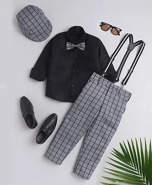 Jeet Ethnics Full Sleeves Solid Shirt With Checked Pant Bow Cap & Suspender Set - Grey
