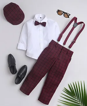 Jeet Ethnics Full Sleeves Solid Shirt With Checked Pant Bow Cap & Suspender Set - Maroon