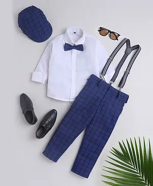 Jeet Ethnics Full Sleeves Solid Shirt With Checked Pant Bow Cap & Suspender Set - Navy Blue