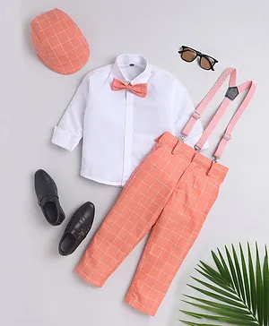 Jeet Ethnics Full Sleeves Solid Shirt With Checked Pant Bow Cap & Suspender Set - Peach