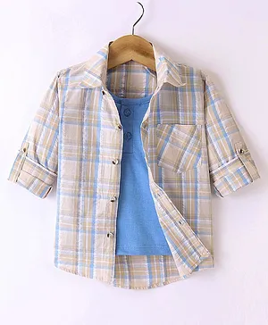 Dapper Dudes Full Sleeves Checked Shirt With Attached Tee - Blue