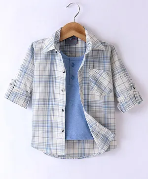 Dapper Dudes Full Sleeves Checked Shirt With Attached Tee - Blue