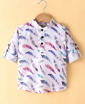 Dapper Dudes Full Sleeves Feathers Printed Kurta Style Shirt - Multi Colour