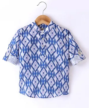 Dapper Dudes Full Sleeves Motif Printed Kurta Style Shirt - Blue