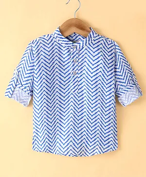 Dapper Dudes Full Sleeves Zig Zag Printed Kurta Style Shirt - Blue